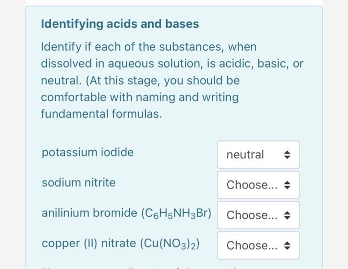 identifying acids and bases identify if each of the substances when dissolved i StudyX