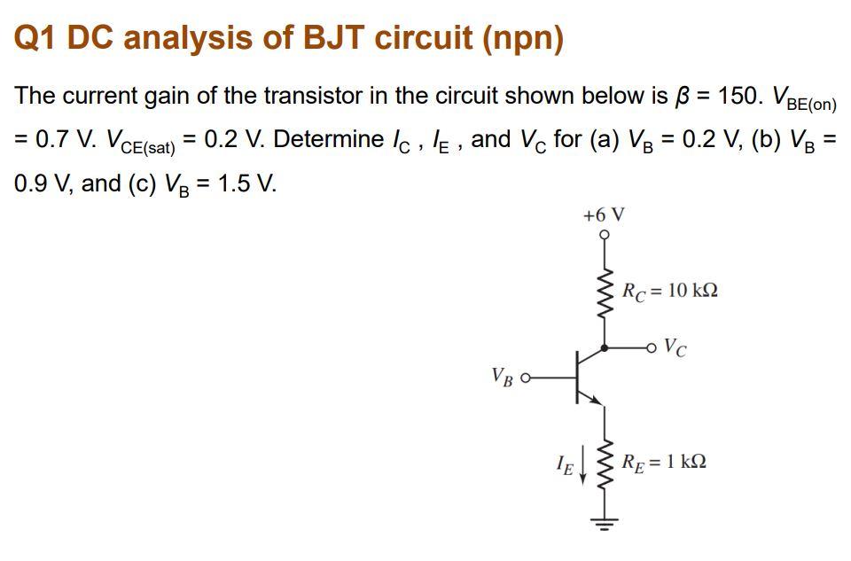 q1 dc analysis of bjt circuit npn the current gain of the transistor in