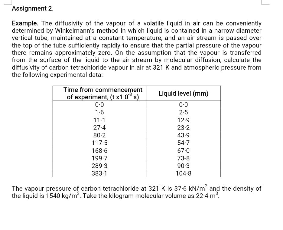 assignment 2 example the diffusivity of the vapour of a volatile liquid