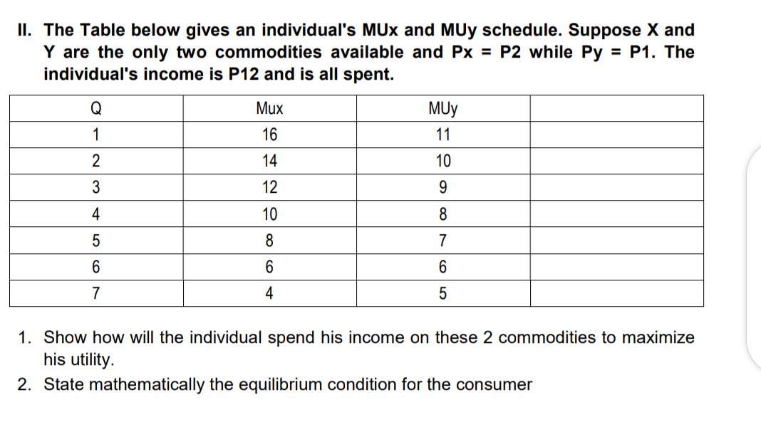 ii the table below gives individuals mux and muy schedule suppose x and