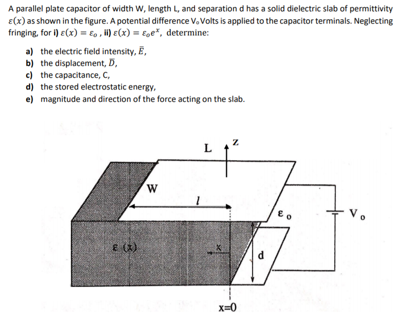a parallel plate capacitor of width w length l and separation d has a