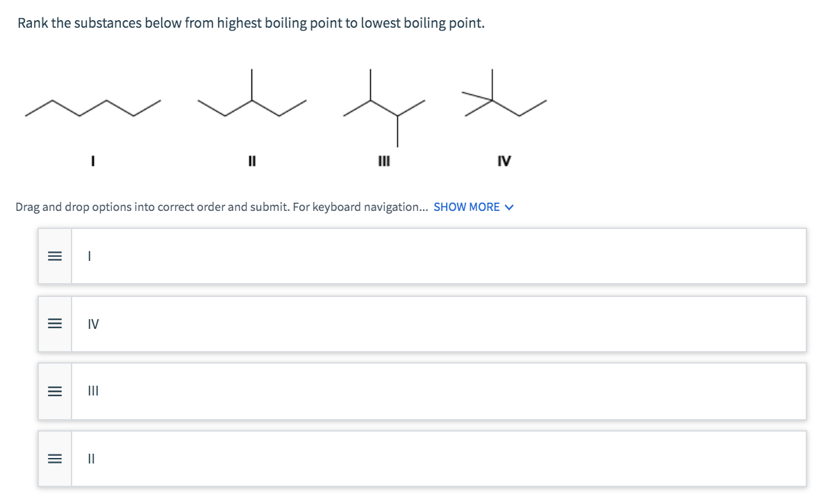 rank the substances below from highest boiling point to lowest boiling
