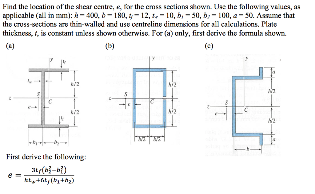 find the location of the shear centre e for the cross sections shown