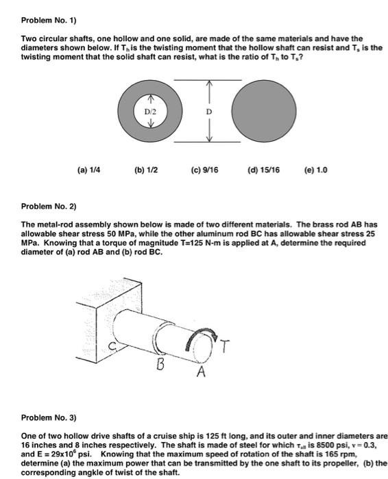 problem no 1 two circular shafts one hollow and one solid are made of