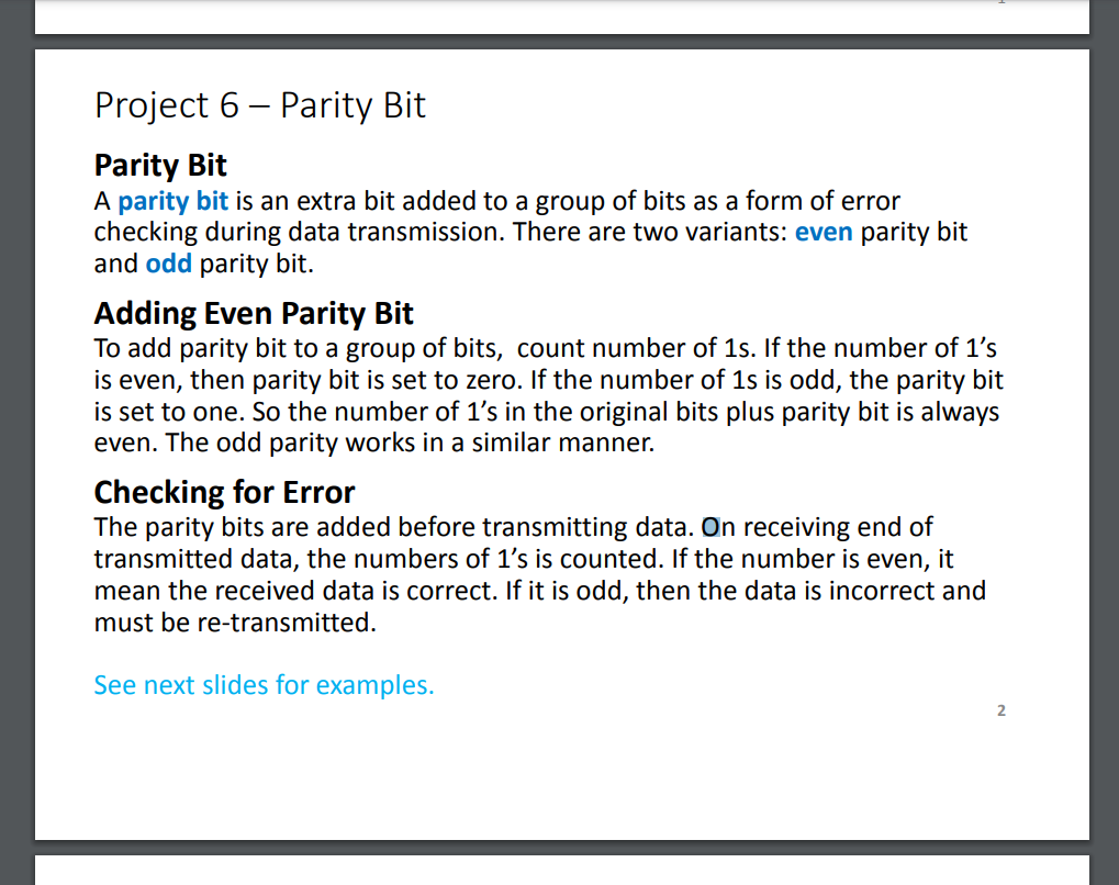 project 6 parity bit parity bit a parity bit is an extra bit added to a