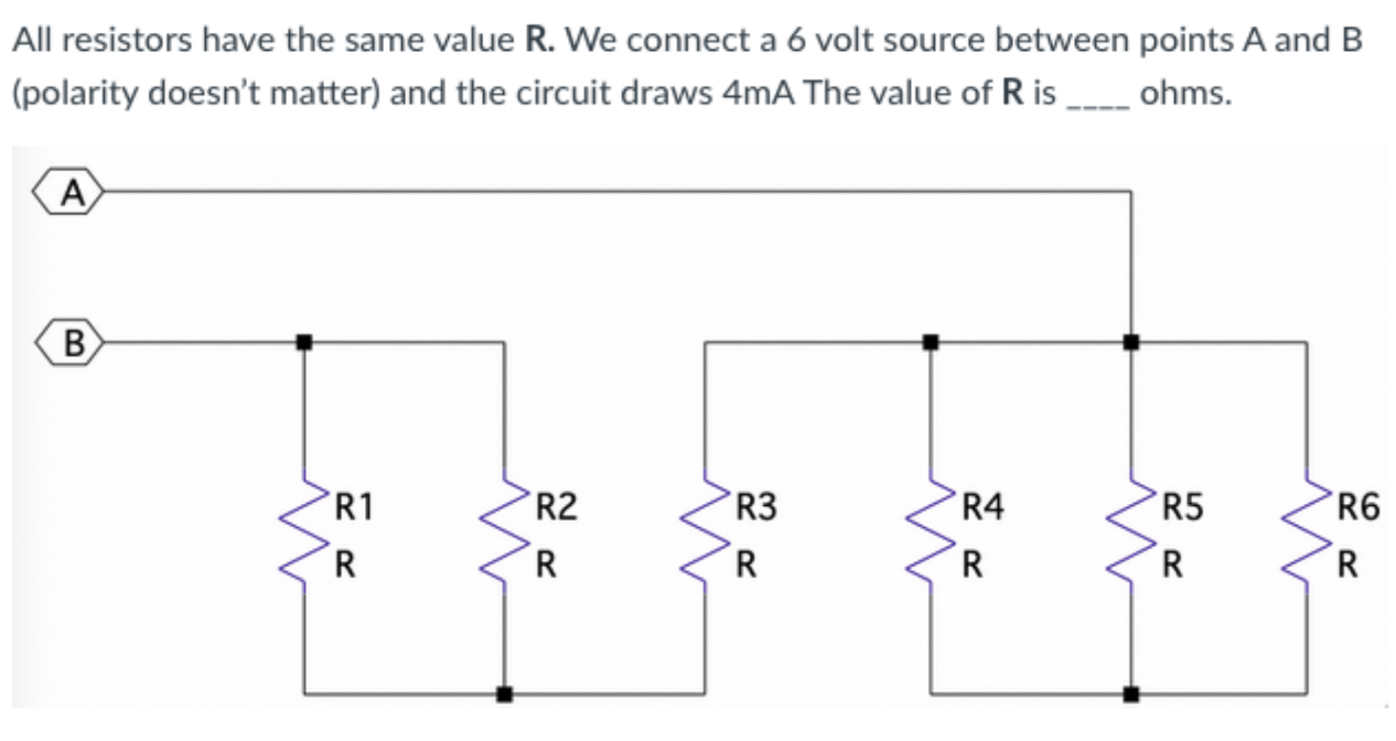 all resistors have the same value r we connect a 6 volt source between