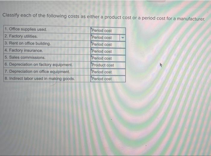 classify each of the following costs as either a product cost or a
