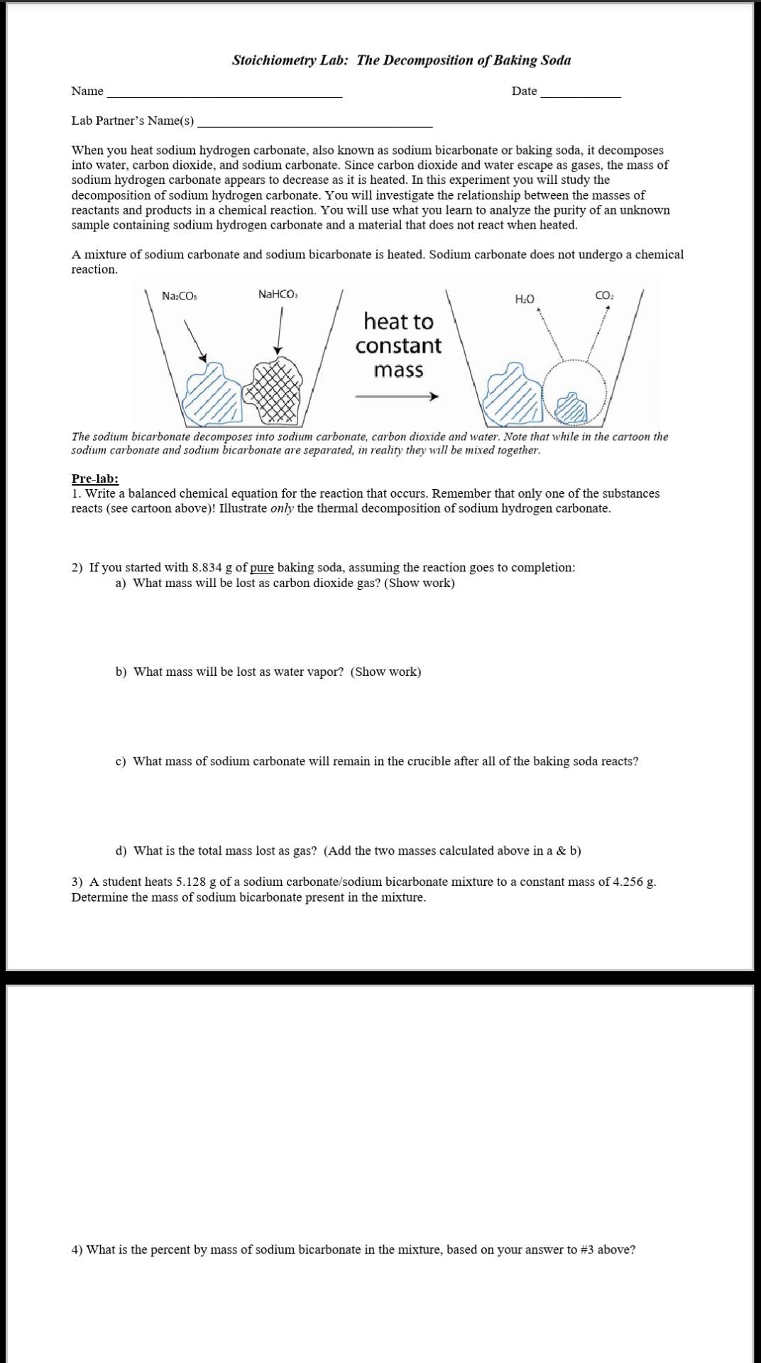 name stoichiometry lab the of baking soda lab partners