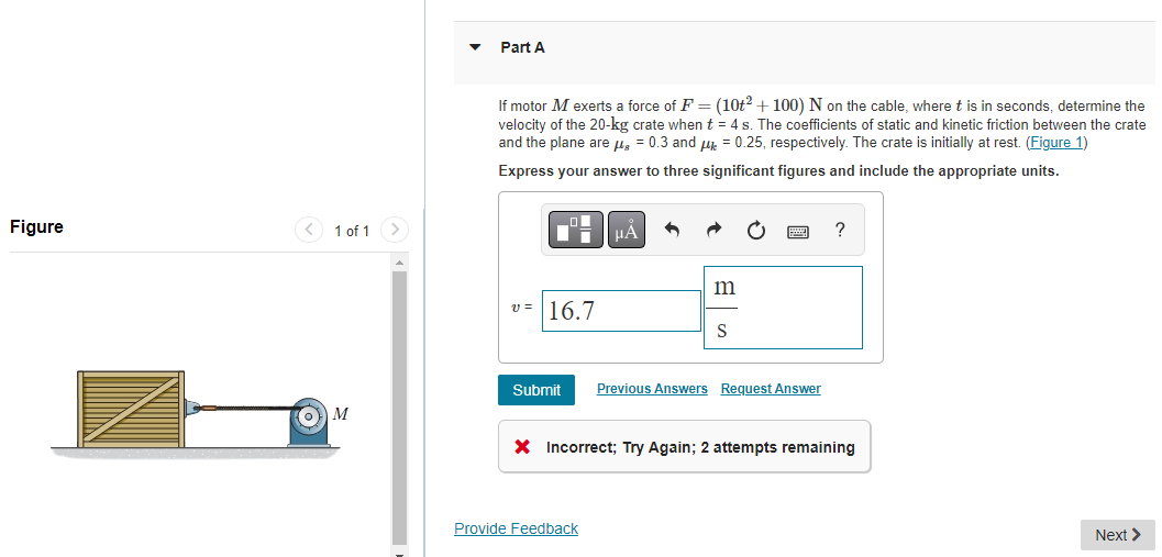 if motor m exerts a force of f10t2100n on the cable where t is in