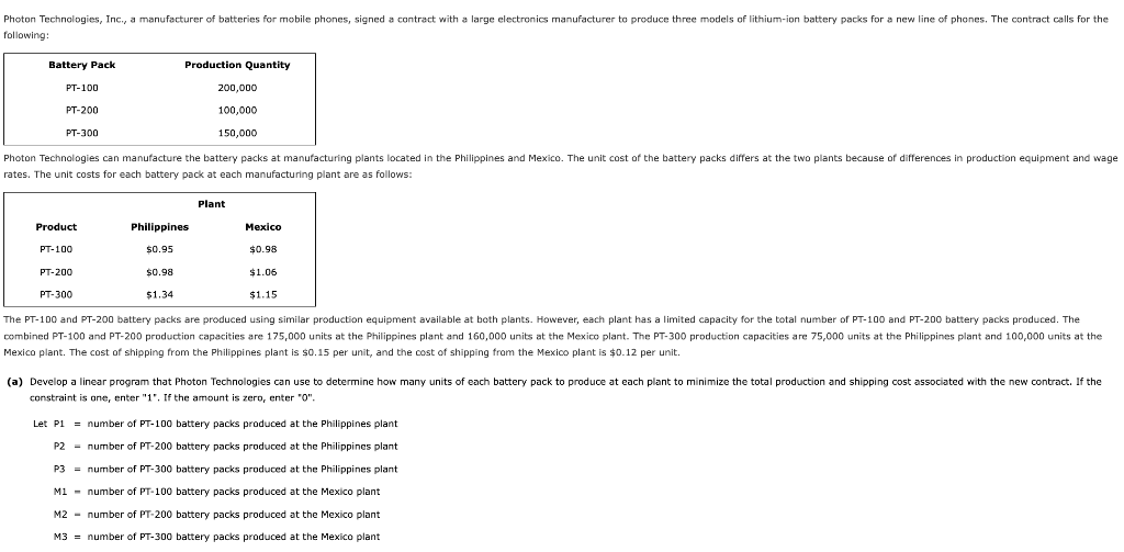 mexico plant the cost of shipping from the philippines plant is 015 per