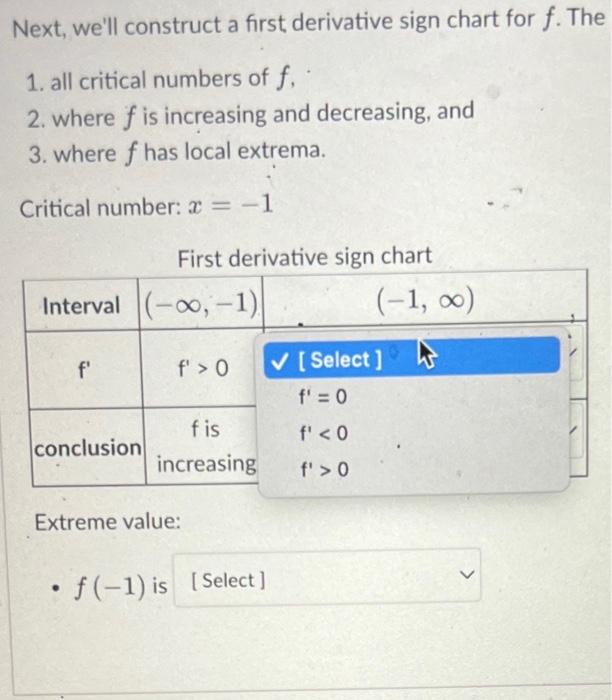 next well construct a first derivative sign chart for f the 1 all