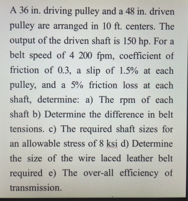 a 36 in driving pulley and a 48 in driven pulley are arranged in 10 ft