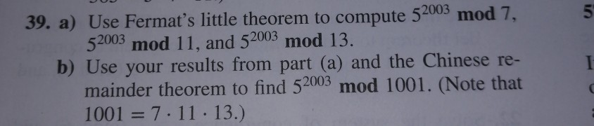 39-a-use-fermats-little-theorem-to-compute-52003-mod-7-52003-mod-11-and