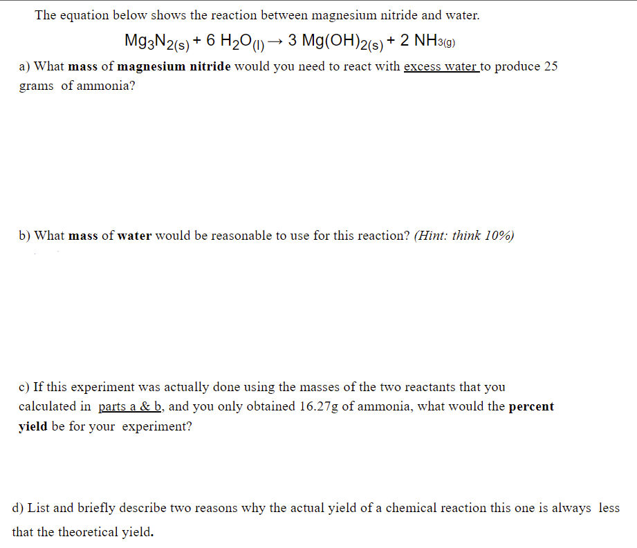 the equation below shows the reaction between magnesium nitride and