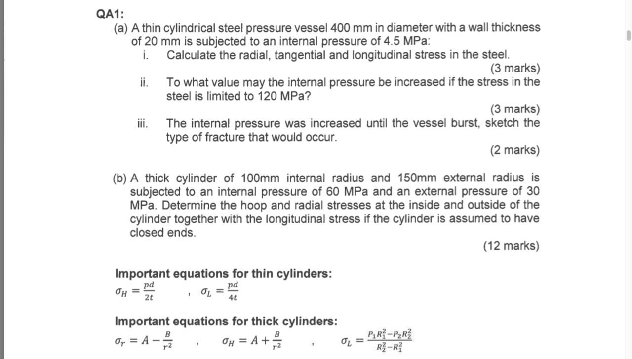 Qa1 A A Thin Cylindrical Steel Pressure Vessel 400 Mm In Diameter With qa1-a-a-thin-cylindrical-steel-pressure-vessel-400-mm-in-diameter-with