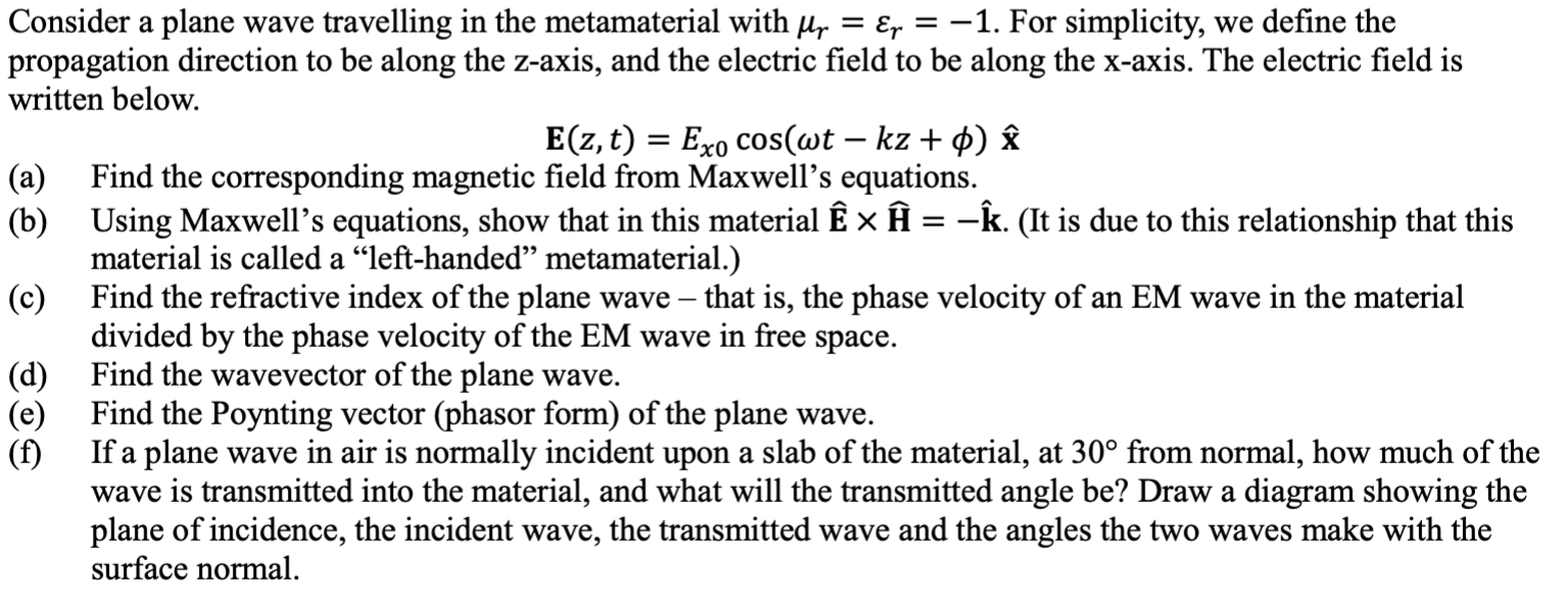 A Consider A Plane Wave Travelling In The Metamaterial With Hp Er 1 For