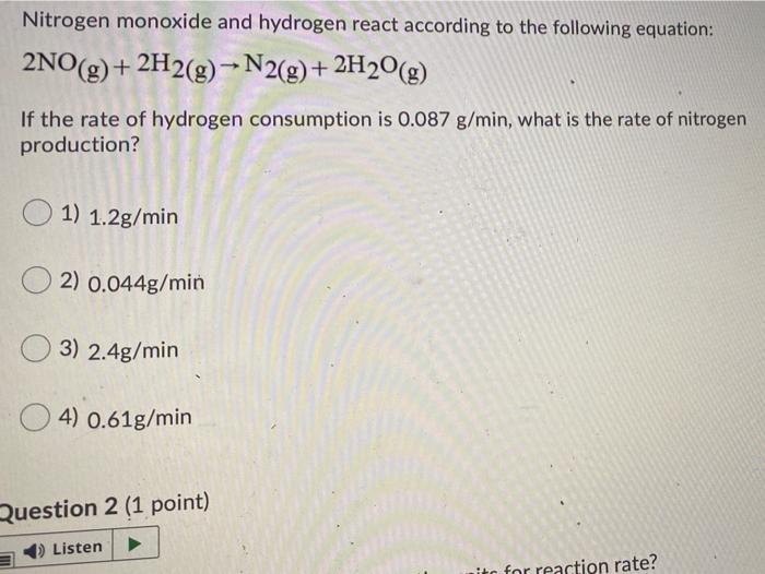 nitrogen monoxide and hydrogen react according to the following