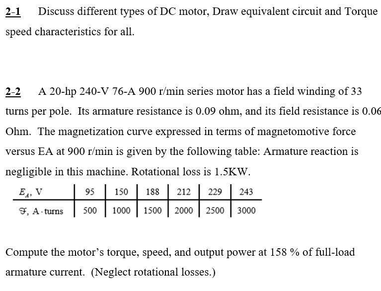 21 discuss different types of dc motor draw equivalent circuit and torque speed StudyX
