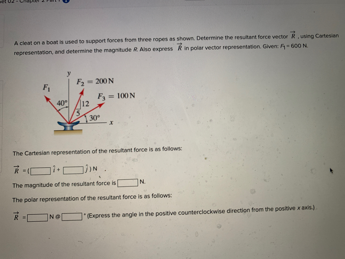 a cleat on boat is used support forces from three ropes as shown