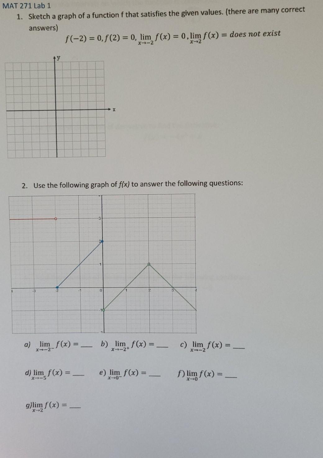 mat 271 lab 1 1 sketch graph function f that satisfies the given values ...