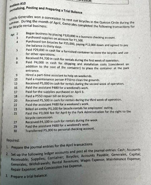 Problem 10 Journalizing Posting And Preparing A Trial Balance Leonila ...