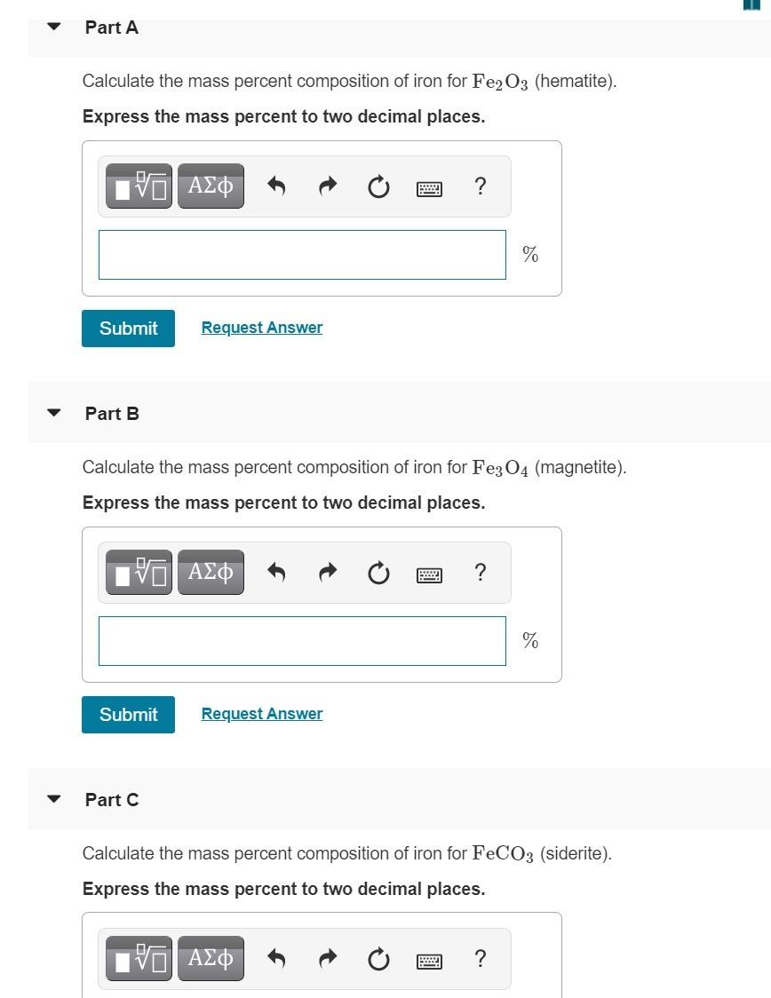 Part A Calculate The Mass Percent Composition Of Iron For Fe2o3
