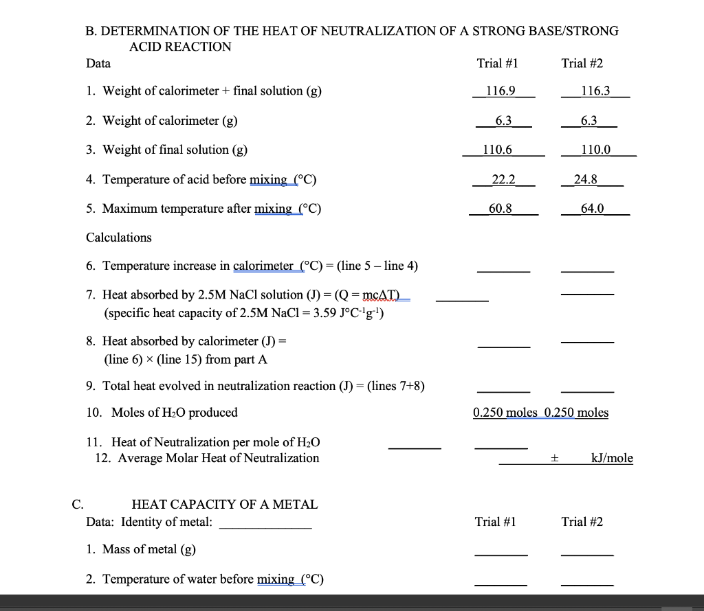 determination of the calorimeter constant a data trial 1 trial 2 1