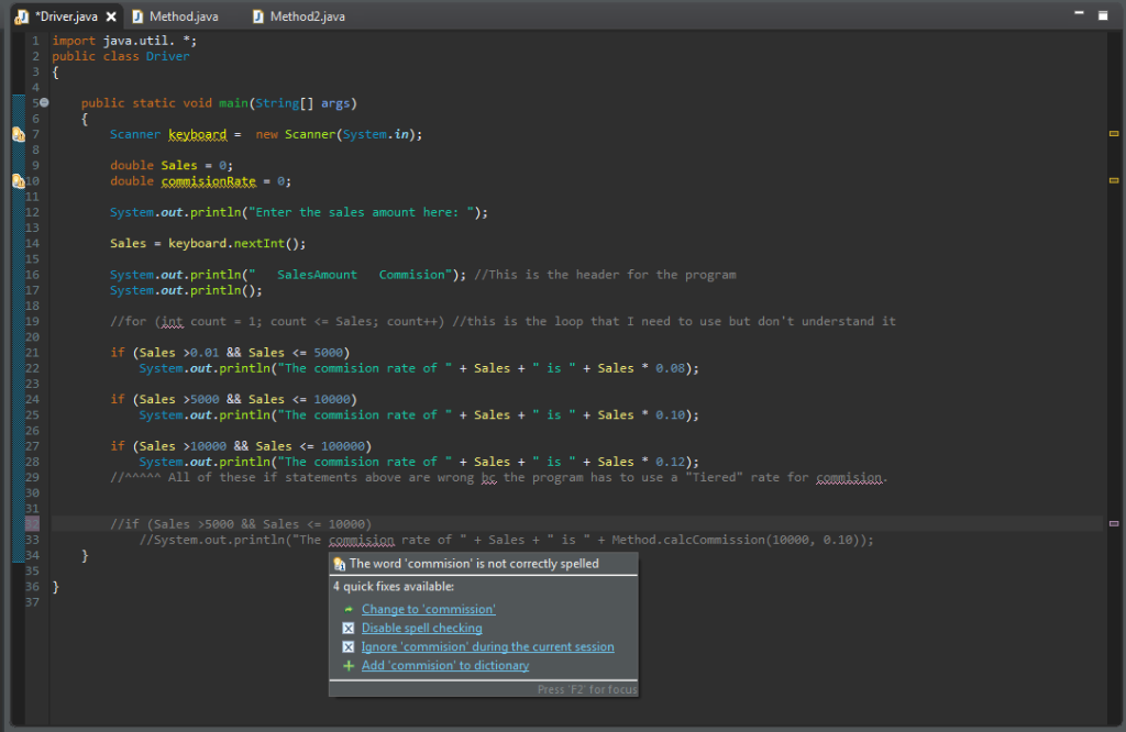 compute sales commissionprogramming problem create method that