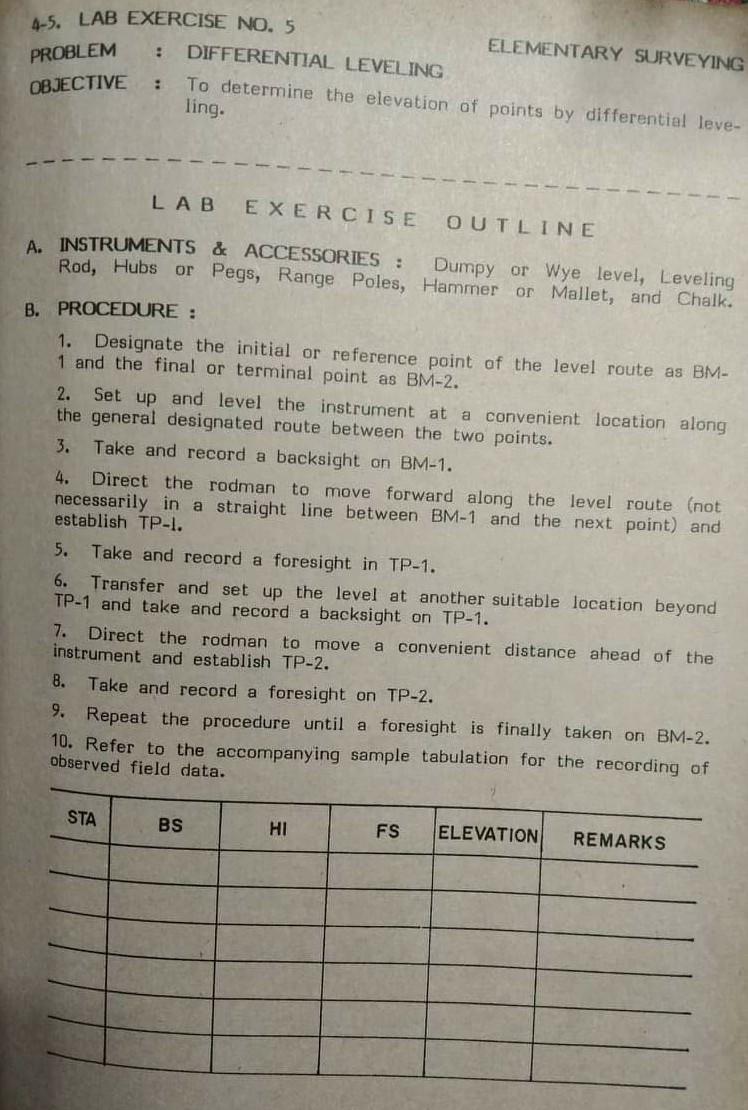 45 lab exercise no 5 elementary surveying differential leveling to