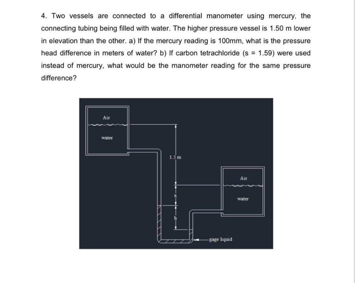 4 two vessels are connected to a differential manometer using mercury