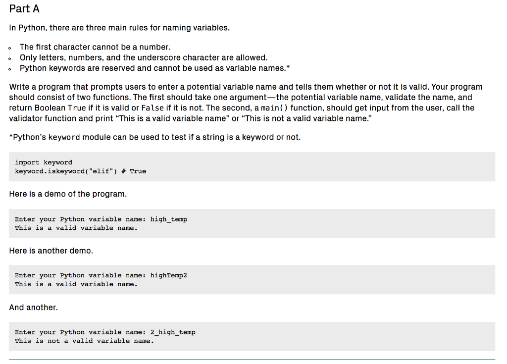Part A In Python There Are Three Main Rules For Naming Variables The 