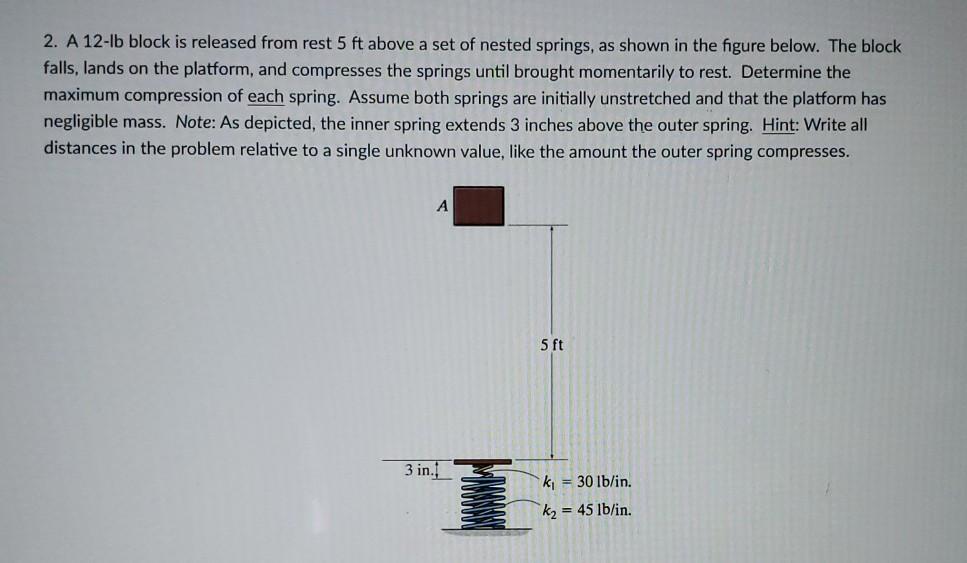2 a 12lb block is released from rest 5 ft above set nested springs as shown in StudyX