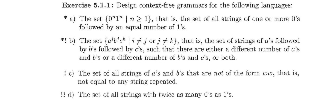 design context-free grammars for the following languages